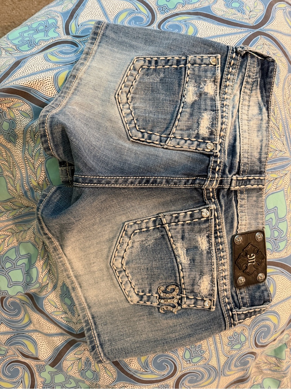 Miss Me Faded Light Blue Distressed Denim Shorts with Embroidered Back Pockets